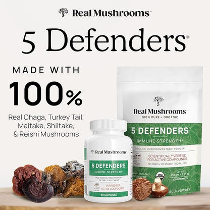 Real Mushrooms 5 Defenders - Adaptogenic Mushrooms Complex with Chaga, Reishi, Turkey Tail, Maitake &amp; Shiitake for Wellness Support - Mushroom Beta Glucan Capsules - 90 Count