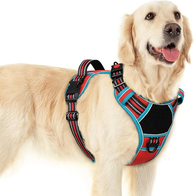 Eagloo Dog Harness for Large Dogs, Easy Wearing with 3 Buckles, Adjustable No Pull Pet Harness with 2 Rings for Walking, No Chock Reflective Soft Padded Vest with Control Handle, Red &amp; Teal, L