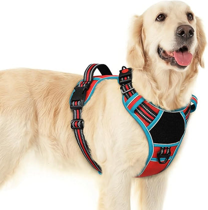 Eagloo Dog Harness for Large Dogs, Easy Wearing with 3 Buckles, Adjustable No Pull Pet Harness with 2 Rings for Walking, No Chock Reflective Soft Padded Vest with Control Handle, Red &amp; Teal, L