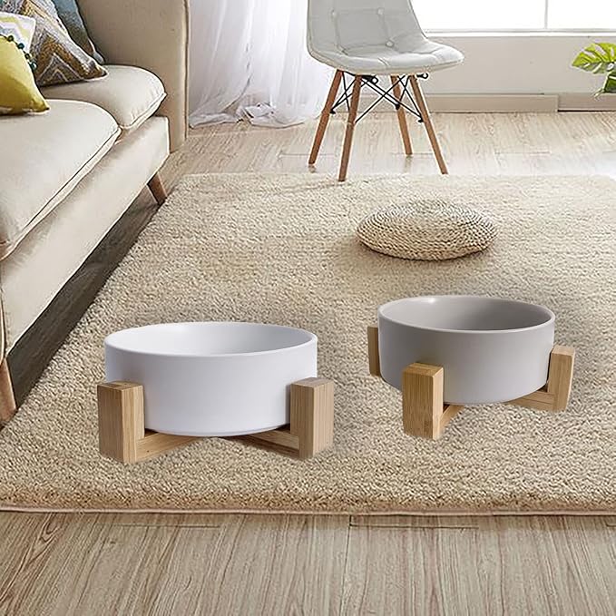 Ceramic Dog Cat Bowl with Wood Stand,Cat Food &amp; Water Bowls Elevated Non-Spill Modern Cute Kitty Dishes Heavy Weighted Round Pet Dishes Set for Kitten Small Cat(White)