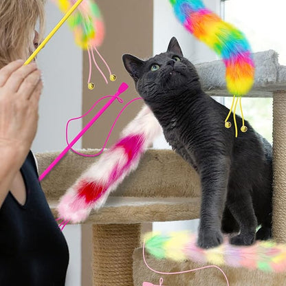 4 Pack Cat Wand Toy, Rainbow Cat Feather Toys with Bells, Teaser Wand with Soft Furry Tail, Interactive Toys for Indoor Cats &amp; Kitten &amp; Kitty