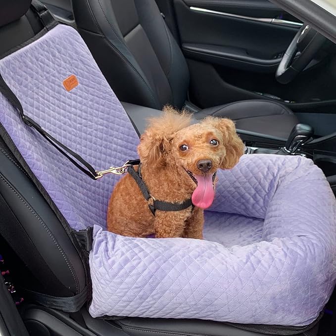 Dog Car Seat for Small Medium Dogs Up to 40lbs, Detachable Washable Soft Pet Booster Travel Bed for Front &amp; Purple Seat with Safety Leash Belt