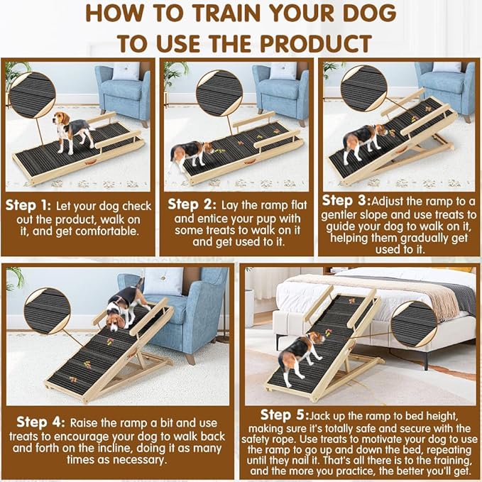 Dog Ramp for Couch, Bed or Car, Wooden 44" Long Pet Stairs for Small &amp; Large Old Dogs &amp; Cats, Hold up to 200lb, 5 Adjustable Height from 14.96" to 22", Portable Doggie Steps, Excellent Traction