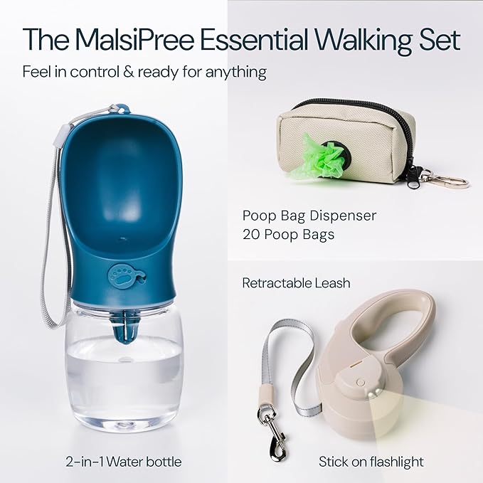 MalsiPree Walking Set with Retractable Dog Leash, Poop Bag Holder, Leak Proof 12 Oz Dog Water Bottle, Flashlight &amp; 20 Poop Bags - 9.8ft Leash Retractable for Small to Medium Pet (Sand &amp; Teal, 12 Oz)