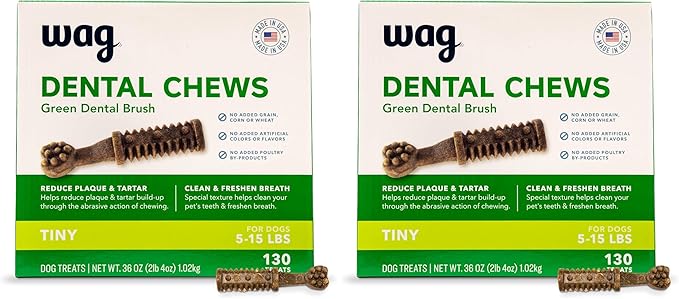 Amazon Brand - Wag Dental Dog Treats to Help Clean Teeth &amp; Freshen Breath - Tiny, Unflavored, 2.25 pounds, 130 Count (Pack of 2)