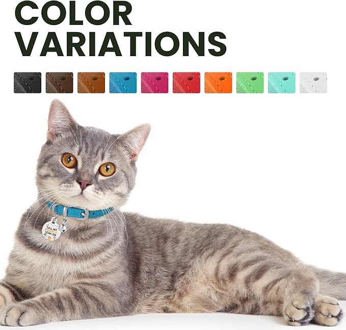 BRONZEDOG Leather Cat Collar with Removable Bells Non Breakaway Kitten QR Tag for Girl Boy (7" - 9" for Cats, Blue &amp; Silver)