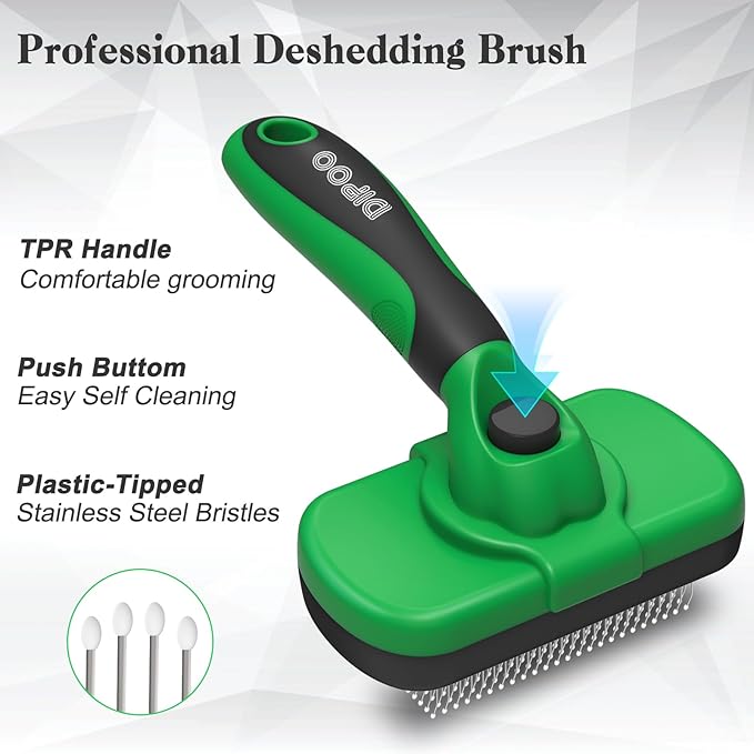 Self Cleaning Deshedding Brush for Dogs &amp; Cats - Skin Friendly Grooming Tool with Hair Removal for Haired Pets, Green