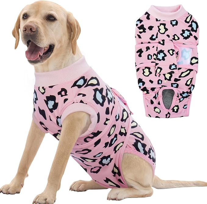 FUAMEY Recovery Suit for Dogs After Surgery,Soft Breathable Dog Bodysuit E-Collar &amp; Cone Alternative Surgical Suit,Male Female Dog Neuter Spay Suits Anti Licking Wounds Onesie Pink Leopard XL