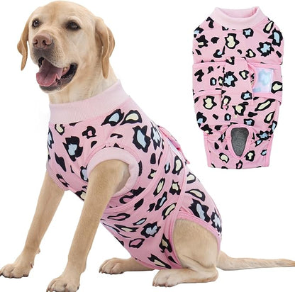 FUAMEY Recovery Suit for Dogs After Surgery,Soft Breathable Dog Bodysuit E-Collar &amp; Cone Alternative Surgical Suit,Male Female Dog Neuter Spay Suits Anti Licking Wounds Onesie Pink Leopard XL