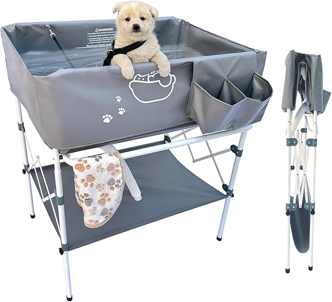 Elevated Dog Bathtub, Portable Dog Washing Station for Home with Towel Bar &amp; Storage, Folding Pet Bath Tub for Small &amp; Medium Dogs