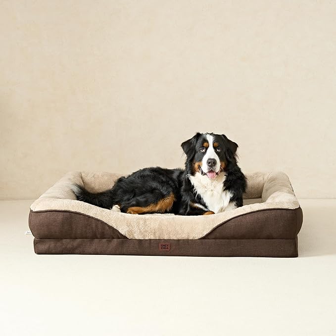 EHEYCIGA Memory Foam XL Dog Bed for XLarge Sized, Extra Large Orthopedic Dog Sofa with Sides and Waterproof Liner, Washable Bolster Pet Couch with Removable Cover, 48x35x7.5 Inch, Brown