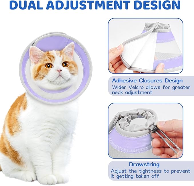 Breathable Air Mesh Cat Cone Collar Soft to Stop Licking, Adjustable, Foldable Lightweight Kitten Cones After Surgery Recovery for Cats &amp; Kittens (Light Purple,M)