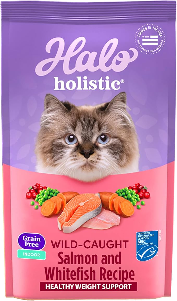 Halo Holistic Indoor Cat Food Dry, Grain Free Wild-caught Salmon &amp; Whitefish Recipe for healthy weight support, Complete Digestive Health, Dry Cat Food Bag, Adult Formula, 6-lb Bag