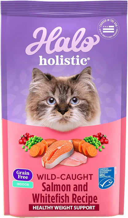 Halo Holistic Indoor Cat Food Dry, Grain Free Wild-caught Salmon &amp; Whitefish Recipe for healthy weight support, Complete Digestive Health, Dry Cat Food Bag, Adult Formula, 6-lb Bag