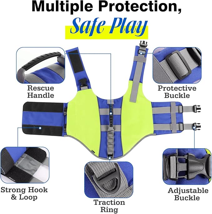 Pawaboo Dog Life Jacket - Reflective Safety Vest with Strong Buoyancy &amp; Rescue Handle, Ripstop Dog Lifesaver for Swimming, Boating - Bright Yellow, S