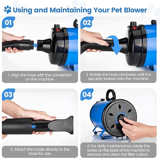 Dog Dryer, 5.2HP/3800W High Velocity Dog Hair Dryer with 4 Nozzles, Stepless Adjustable Speed &amp; Temperature Control, Low Noise Professional Dog Grooming Dryer (Blue)