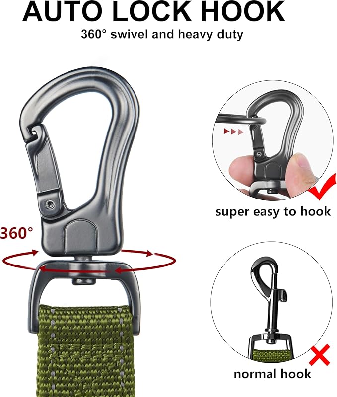 TwoEar 5FT 1IN Strong Green Dog Leash with 2 Padded Handles, Traffic Handle Extra Control, Comfortable Soft Dual Handle, Auto Lock Hook, Reflective Walking Lead for Small Medium and Large Dogs