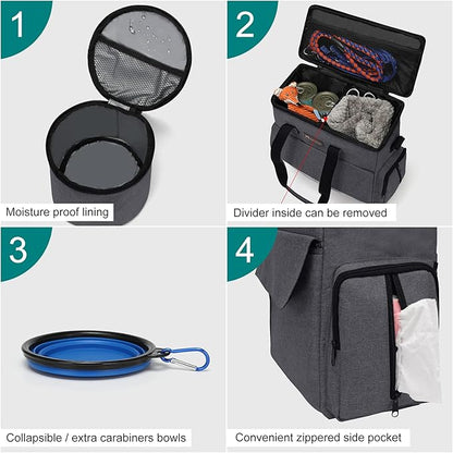 Modoker Airline Approved Pet Travel Bag, Weekend Dog Travel Set for Dog and Cat, Airline Approved Tote Organizer with Multi-Function Pockets 2 Food Storage Containers, 2 Collapsible Bowls (Dark Gray)