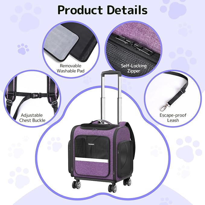Rolling Cat Carrier with Wheels Dog Carrier for Small Dogs &amp; Medium Cats, Expandable Pet Carrier on Wheels with Cat Play Tunnel, Large Capacity, Breathable Mesh, Side Pocket, Purple