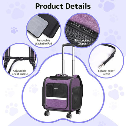 Rolling Cat Carrier with Wheels Dog Carrier for Small Dogs &amp; Medium Cats, Expandable Pet Carrier on Wheels with Cat Play Tunnel, Large Capacity, Breathable Mesh, Side Pocket, Purple