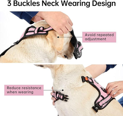 IVY&amp;LANE No Pull Dog Harness for Large Dogs, Reflective Dog Vest Harness with Leash, Safety Belt and Storage Strap, Fully Adjustable Harness with Soft Handle (Pink, L)