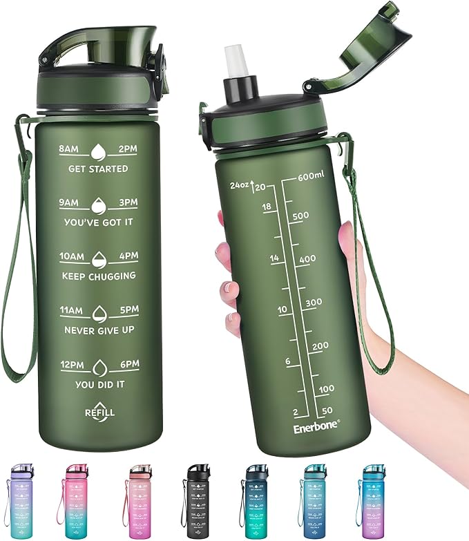 Enerbone Water Bottle, Leakproof BPA &amp; Toxic Free, Motivational Water Bottle with Times to Drink and Straw, Fitness Sports Water Bottle with Strap for Office, Gym, Outdoor Sports