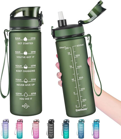 Enerbone Water Bottle, Leakproof BPA &amp; Toxic Free, Motivational Water Bottle with Times to Drink and Straw, Fitness Sports Water Bottle with Strap for Office, Gym, Outdoor Sports