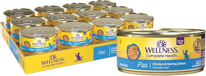 Wellness Complete Health Pate Adult Wet Cat Food, Natural, Protein-Rich, Grain Free, 5.5 Ounce, 24 Pack, (Chicken &amp; Herring)