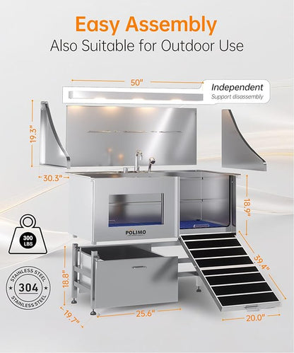 POLIMO Dog Washing Station, LED Professional Stainless Steel Dog Bathing Station 50", Dog Grooming Tub for Large, Medium &amp; Small Dog - with Window, Ramp, Drawer, Floor Grate &amp; Faucet (Right RAMP, 50")