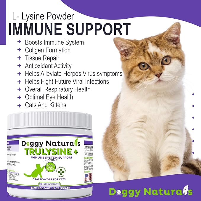 Trulysine Plus L-Lysine for Cats Immune Support Oral Powder 8oz/226g - Cats &amp; Kittens of All Age, Sneezing, Runny Nose Squinting, Watery Eyes-Fish &amp; Poultry Flavor (U.S.A)(225 Grams (900mg / Scoop))