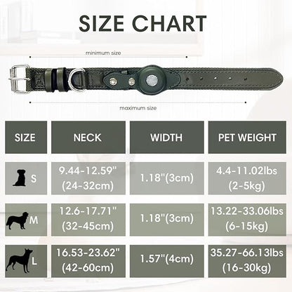 AirTag Dog Collar Soft Leather Webbing Dog Collar for AirTag Provides Double Protection for Small Medium and Large Dogs(Green,M)