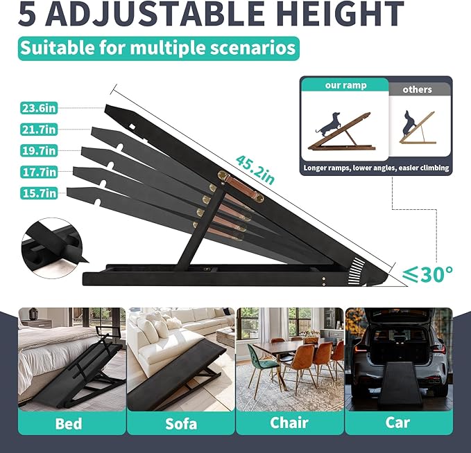 Dog Ramp, 5 Level Adjustable Wooden Folding Pet Ramp for Middle Bed, Couch,SUV-High Traction, Portable Paw Ramps for Small &amp; Large Old Dogs &amp; Cats - Furniture Quality
