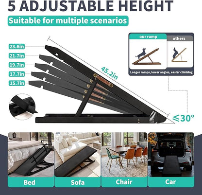 Dog Ramp, 5 Level Adjustable Wooden Folding Pet Ramp for Middle Bed, Couch,SUV-High Traction, Portable Paw Ramps for Small &amp; Large Old Dogs &amp; Cats - Furniture Quality