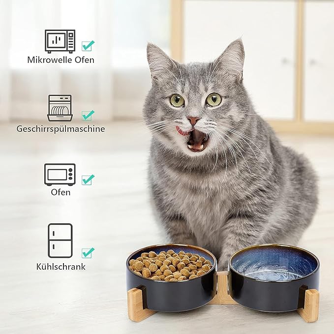 SPUNKYJUNKY Ceramic Dog and Cat Bowl Set with Wooden Stand, Modern Cute Weighted Food Water Set for Small Size Dogs (13.5OZ) &amp; Medium Sized Dogs (28.7OZ) &amp; Cats (1.7 Cups, 2 × Starry Blue)