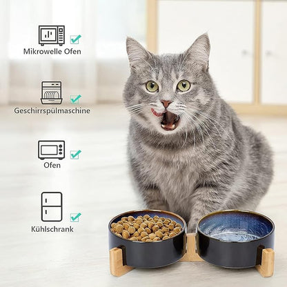 SPUNKYJUNKY Ceramic Dog and Cat Bowl Set with Wooden Stand, Modern Cute Weighted Food Water Set for Small Size Dogs (13.5OZ) &amp; Medium Sized Dogs (28.7OZ) &amp; Cats (1.7 Cups, 2 × Starry Blue)