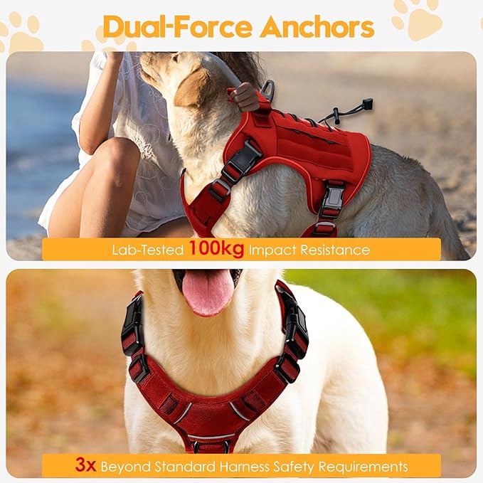 Heavy-Duty Tactical Dog Harness for Large Dogs, No Pull Adjustable Reflective Pet Vest with Molle System, K9 Military-Grade Control for Service Training, Outdoor &amp; 10+ Breeds, Red, XX-Large