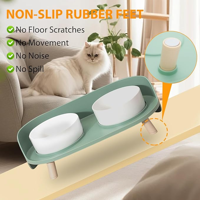 Elevated Dog Bowls Set, Ceramic Pet Food &amp; Water Bowls with Non-Slip Stand, No Spill Design for Cats/Small Medium Dogs Green