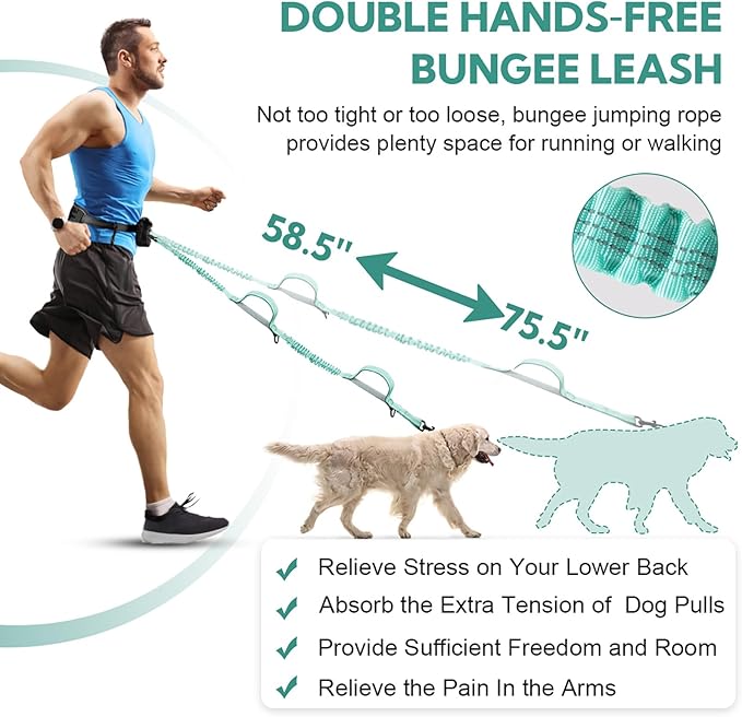 Hands Free Dog Leash, Retractable Bungee with Double Padded Handles, Waist Leash for Dog Walking, Heavy Duty Dog Leash for Medium &amp; Large Dog, Dog Walking Accessories, Green