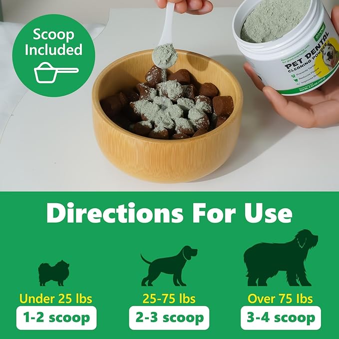 Dog Dental Powder, 120g Teeth Cleaning Powder for Dogs, Breath Freshener with Probiotics Improve Bad Breath, Remove Plaque &amp; Tartar - Pets Dental Care Supplement for Dogs - 4.23 OZ/Scoop Included