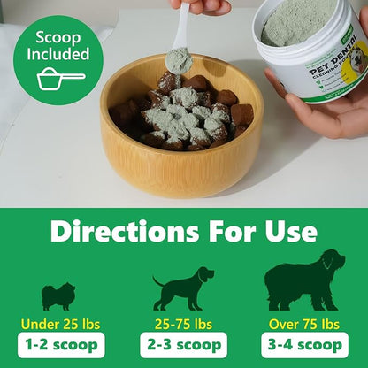 Dog Dental Powder, 120g Teeth Cleaning Powder for Dogs, Breath Freshener with Probiotics Improve Bad Breath, Remove Plaque &amp; Tartar - Pets Dental Care Supplement for Dogs - 4.23 OZ/Scoop Included