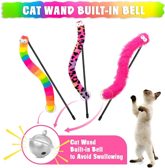 3 Pack Cat Wand Toy, Rainbow Cat Feather Toys with Bells, Teaser Wand with Soft Furry Tail, Interactive Toys for Indoor Cats &amp; Kitten &amp; Kitty