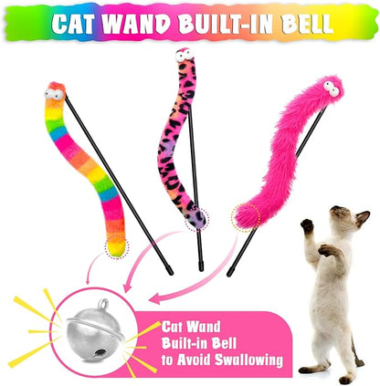 3 Pack Cat Wand Toy, Rainbow Cat Feather Toys with Bells, Teaser Wand with Soft Furry Tail, Interactive Toys for Indoor Cats &amp; Kitten &amp; Kitty