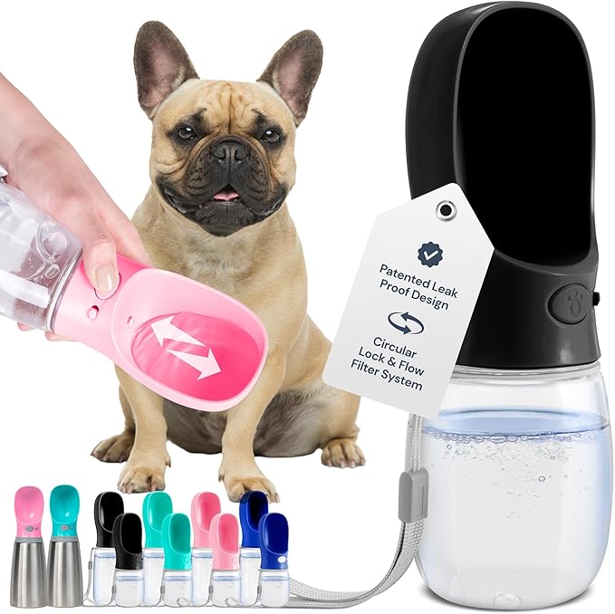 MalsiPree Trail Water Bottle for Dogs - 12oz, Black - Portable Dog Water Bottle &amp; Bowl with Leak-Proof Plug, Food-Grade Plastic &amp; One-Hand Operation for Pet Travel &amp; Hiking