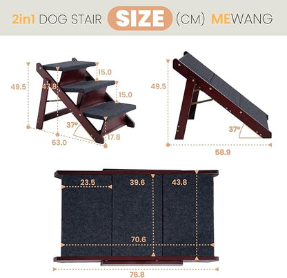 MEWANG Wooden Pet Stairs/Pet Steps - 3-in-1 Foldable Stairs &amp; Ramp for Beds and Cars - Portable Dog/Cat Ladder Up to 220 Pounds - Great for Small and Older Animals(Brown) (24.8" L x 17.2" W x 19.5" H)