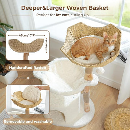 PAWZ Road Modern Cat Tree with Natural Solid Wood Scratching Post, 40 Inches Cat Tower with Spacious Wicker Basket,Large Hammock,Luxury Condo for Indoor Cats