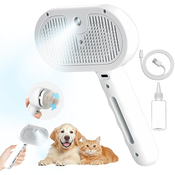 ‌3-in-1 Pet Steam Brush with Self-Cleaning &amp; Cool Mist‌ – Portable Grooming Tool for Cats &amp; Dogs, Long-Lasting Shedding Control &amp; Detangling, Refillable Water Tank &amp; Fast Charging