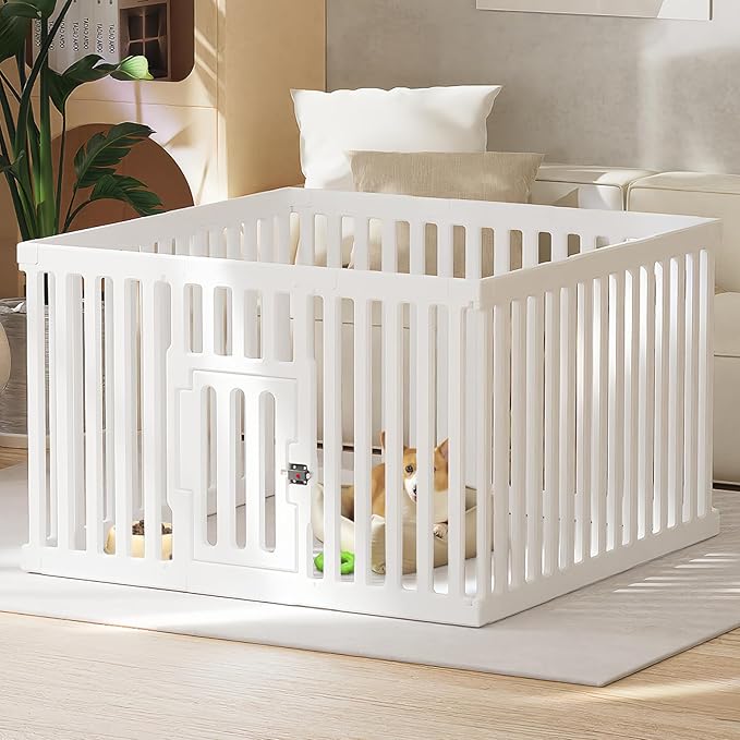 Dog Playpen with Door, 12 Panels Puppy Playpen, 25.6” H Dog Pen for Small Cats and Dogs, Pet Fence for Indoor &amp; Outdoor, Non-Slip Pet Gate Made of Strong Plastic, White