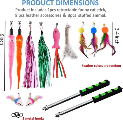2pcs Retractable Wand Toys, Cat Fishing Rod with 11 Pcs Feather Refills for Indoor &amp; Outdoor Cats