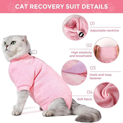 Dotoner Cat Surgery Recovery Suit for Female Male Anti-Licking Pet Surgical Pajamas Long Sleeve Prevent Shedding Cat Spay Recovery Suit&amp;E Collar Alternative Bodysuit for Cats