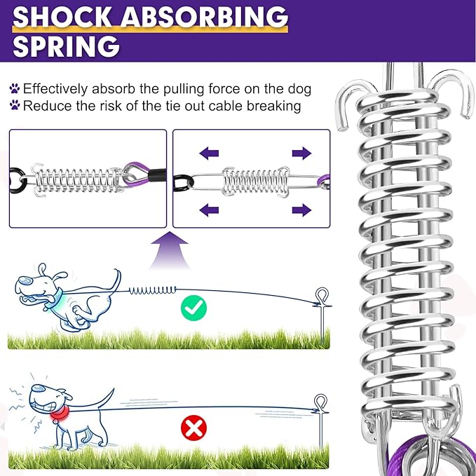 Snagle Paw Dog Lead Cable 20FT,Heavy Duty Outside Dog Leash Cable with Shock Absorbing Spring &amp; Swivel Hook,Dog Tether for Yard,Dog Line for Small Large Dogs,Withstand 1000LBS Break Strength